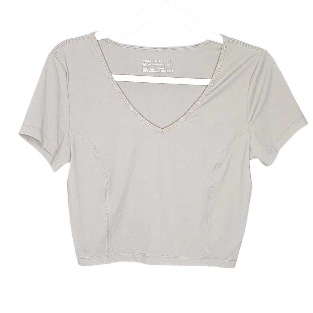 Yogalicious Lux Crop Top Womens Medium Gray V Neck Short Sleeve Activewear